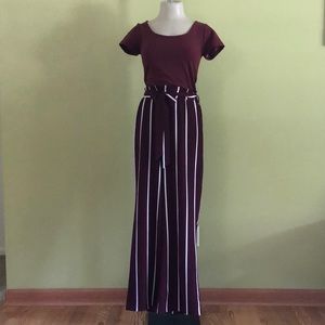 Francesca’s Blue Rain Women’s Charlie Striped Paper Bag Waist Jumpsuit